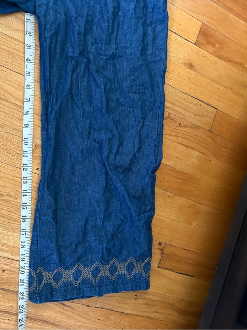 Indigo & Lace Denim Jumpsuit Smocked Off Shoulder Cropped Wide Leg Boho Medium - Picture 4 of 7